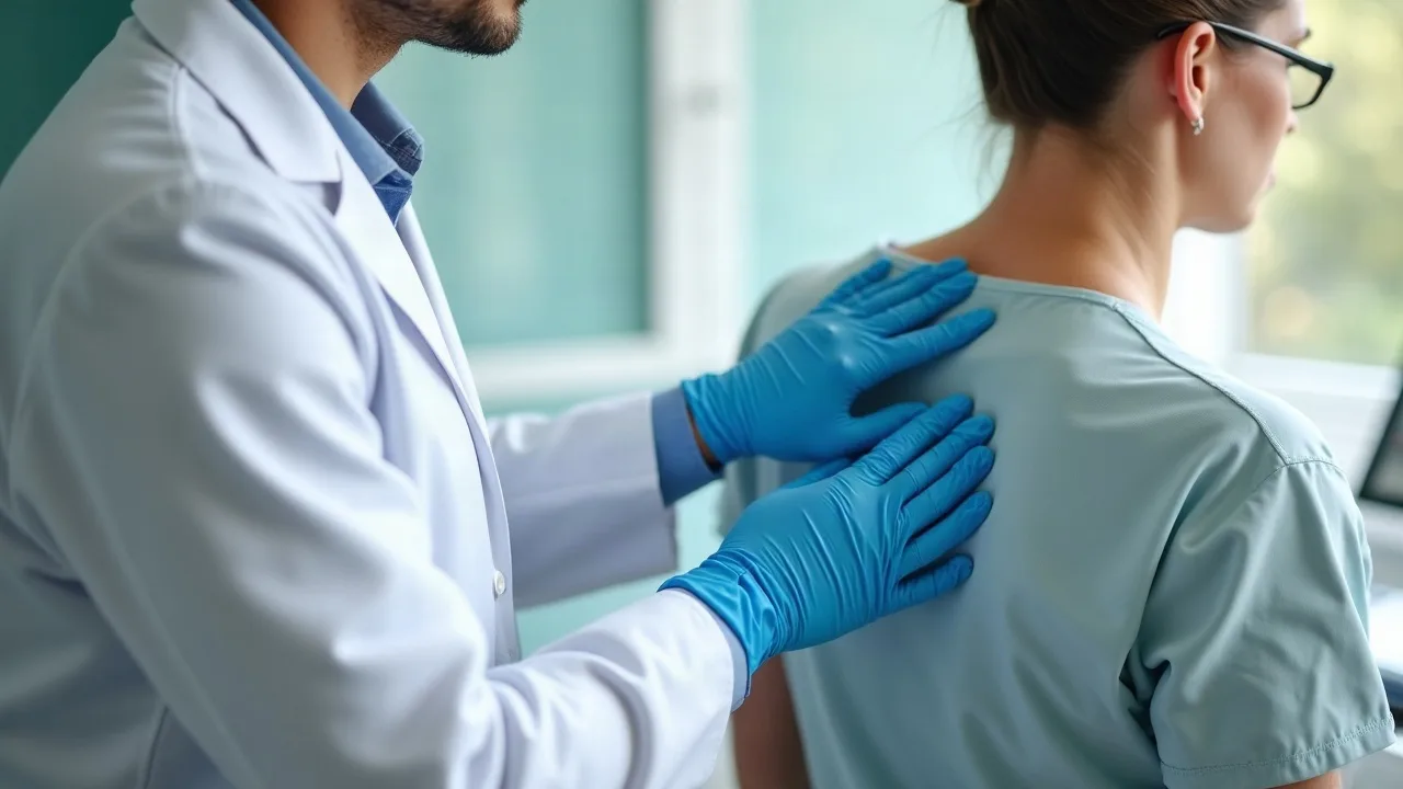 Χειρουργός εξετάζει μαλακό μόρφωμα στον ώμο και την πλάτη ασθενούς